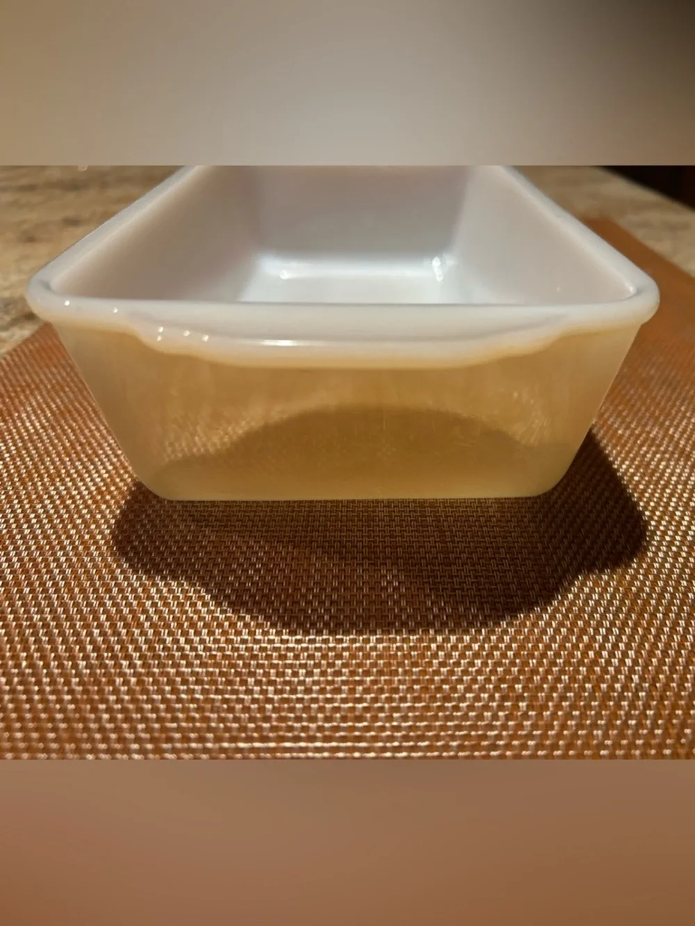 Fire King #409 Peach Lustre 1Qt. Loaf Baking Dish. 9” x 5” No chips or cracks.